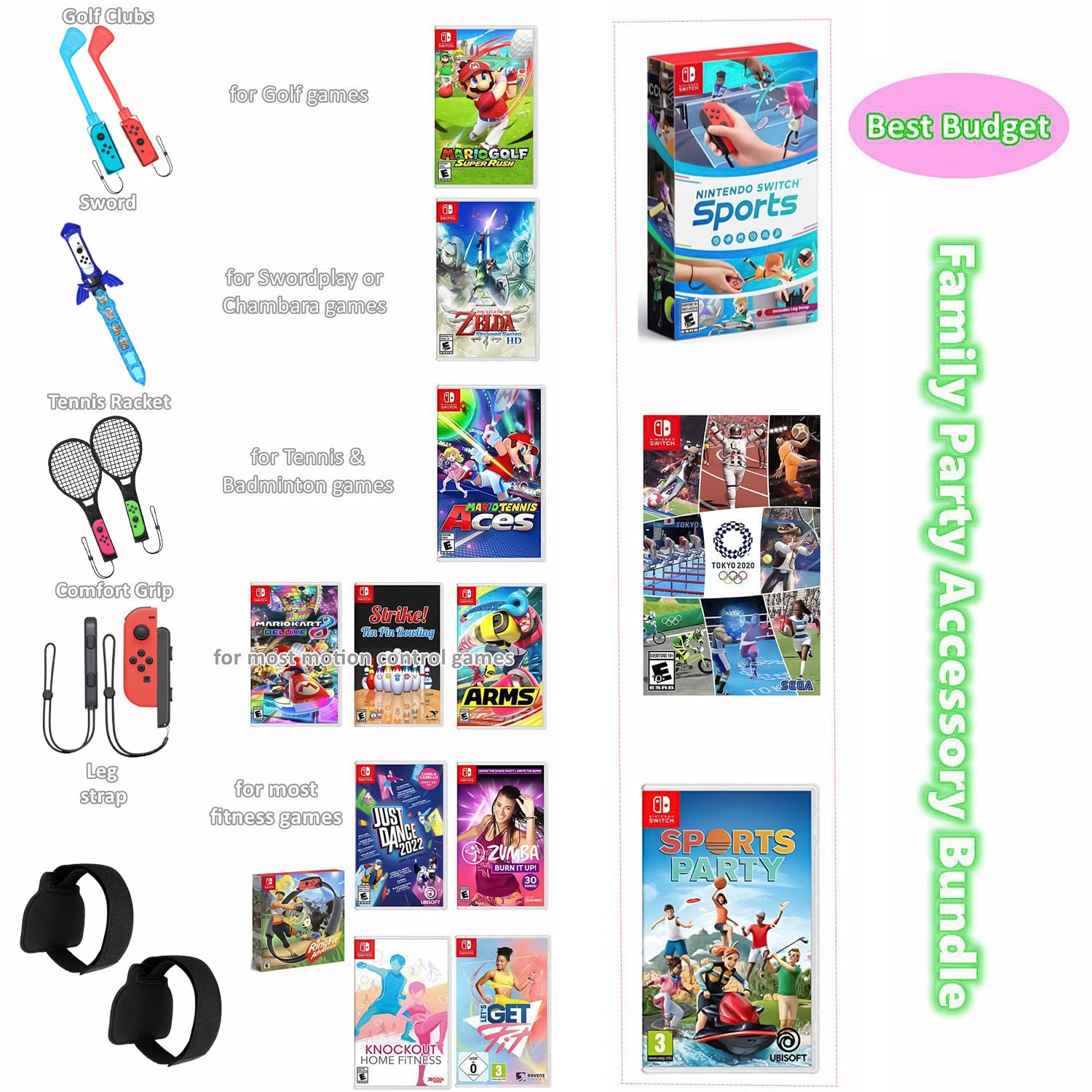 Ermorgen Switch Sports Accessories Bundle, 9 in 1 Kit for Nintendo